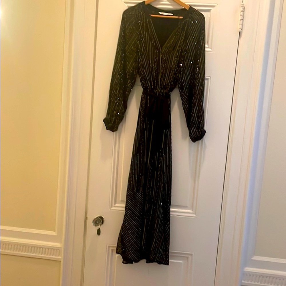 Sequin Embellished Black Dress with Bishop Sleeves, elastic waist with tie